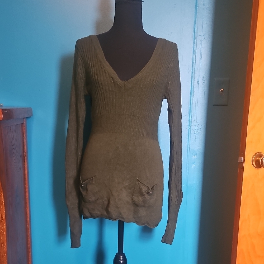 Arizona Jean Company Olive Green Ribbed V-Neck Sweater Hoodie